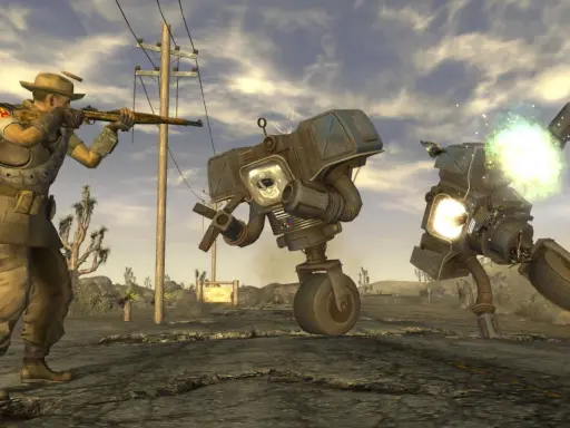 Postapokaliptyczny pustynny krajobraz, gdzie gracz w stylu gry podobnej do Fallout walczy z robotami.