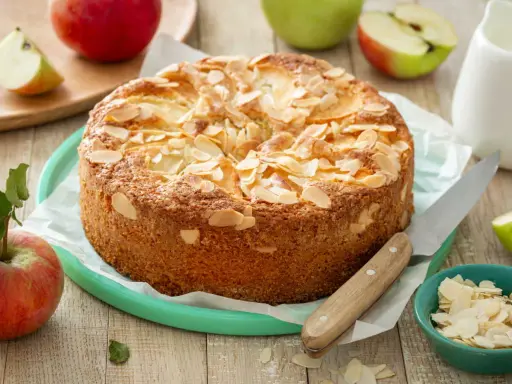 Un délicieux clafoutis aux pommes, parsemé d'amandes effilées, prêt à être dégusté. Une recette inspirée du carnet de Julie.