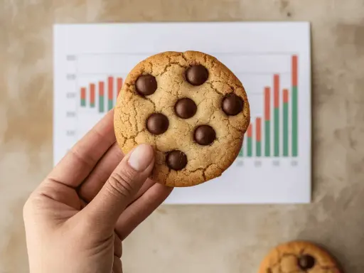 Une main tient un cookie aux pépites de chocolat devant un graphique. Le cookie ig bas est une récompense après une journée de travail.