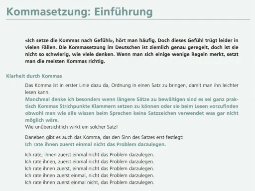 Text über Kommasetzung. Ein Satz erklärt, dass Kommas Ordnung schaffen, besser als nur Gefühl. Mehrere Beispiele zeigen, wie Kommas den Sinn verändern.