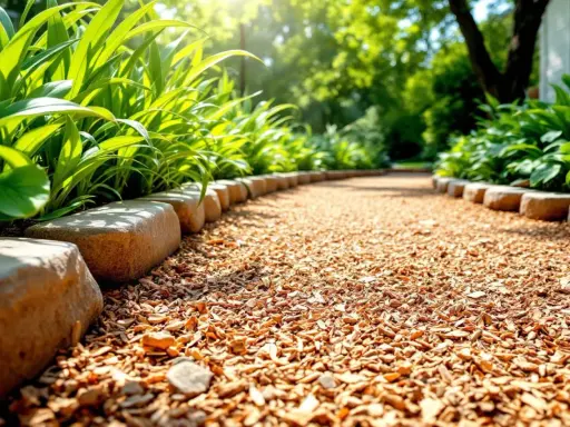 Une allée en copeaux de bois serpente entre des plantes luxuriantes et des pierres, baignée par la lumière du soleil.