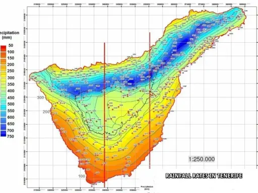 Mapa opadów na Teneryfie, pokazująca gdzie leży teneryfa i jak rozkłada się wilgotność.