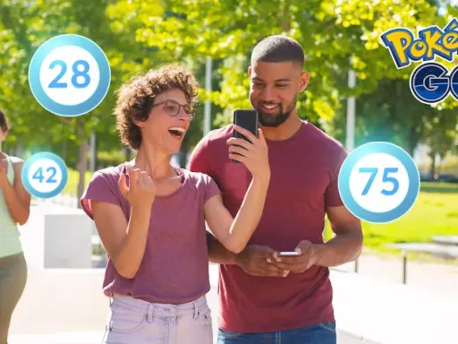 Uśmiechnięci znajomi grający w Pokémon GO na telefonach, z widocznymi liczbami 28, 42 i 75.