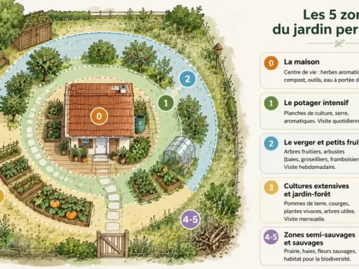 Illustration d'un jardin en design permaculture, montrant la maison (0), le potager (1), le verger (2), les cultures extensives (3) et les zones sauvages (4-5).