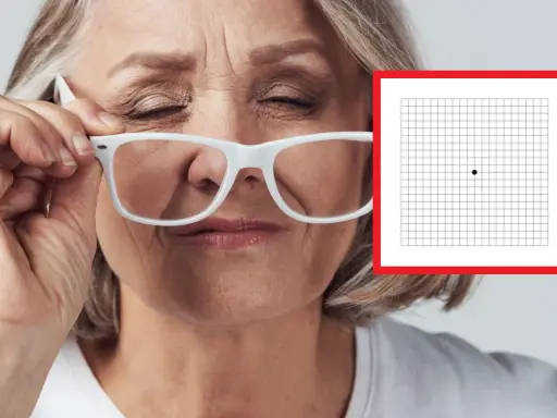 Starsza kobieta w okularach, z siatką Amslera obok, symbolizującą problemy ze wzrokiem, jak zwyrodnienie plamki żółtej.
