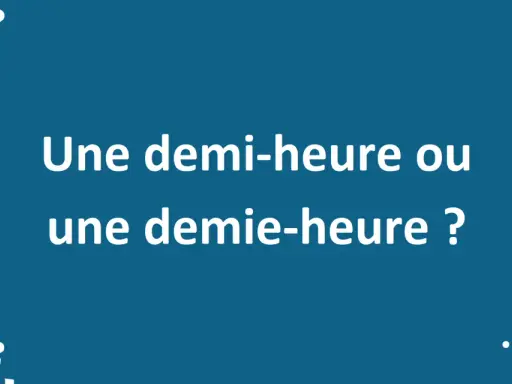 Des points d'interrogation entourent le texte "Une demi-heure ou une demie-heure ?". La conjugaison du verbe dépendre est ici mise en question.