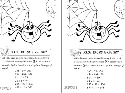 Problemi di Halloween classe quinta: un ragno sorridente invita a correggere calcoli, scegliendo tra "dolcetto" (corretto) e "scherzetto" (sbagliato).