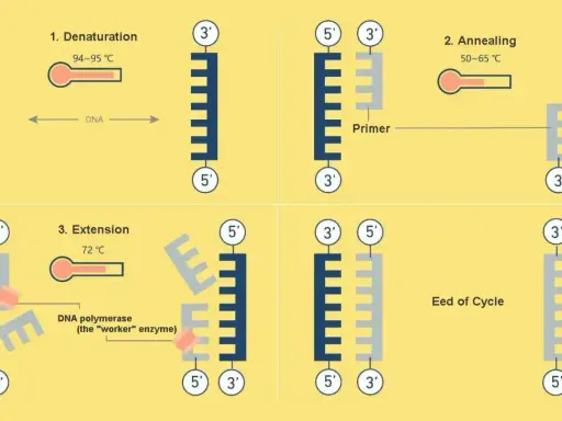Ilustración de los pasos de la pcr: desnaturalización, anillamiento y extensión, mostrando cómo se duplica el ADN.