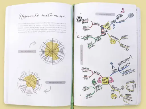 Mappa obiettivi con tecniche di apprendimento rapido: viaggio, lavoro, finanza, amici, corpo e divertimento.