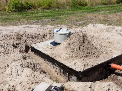 Budowa szamba: betonowa konstrukcja z rurą wylotową, przygotowana do uszczelnienia.