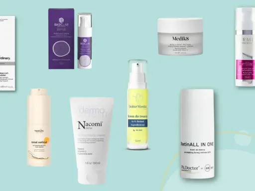 Szukasz odpowiedzi na pytanie: jaki retinol na poczatek? Na zdjęciu znajdziesz różne kosmetyki z retinolem i retinalem, idealne na start.