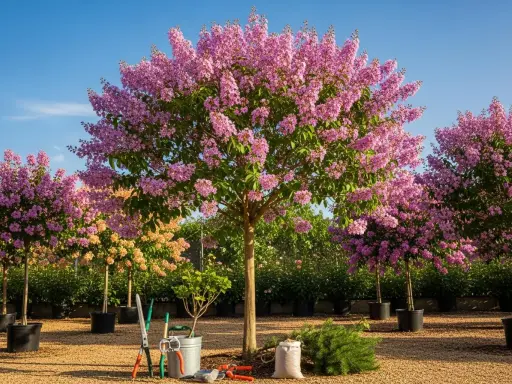 Arrosage de lilas des Indes en pleine floraison. Des outils de jardinage sont prêts pour l'entretien.