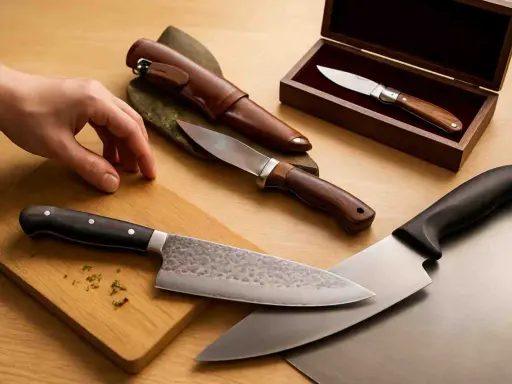 Variedad de cuchillos de cocina, incluyendo un cuchillo puntilla para que sirve en tareas delicadas.