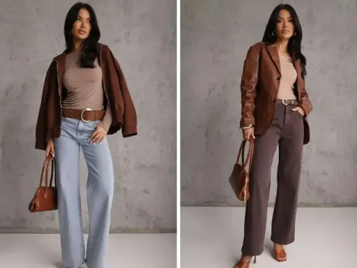 Kto to hipster? Kobieta w brązowej kurtce i jeansach lub marynarce i brązowych spodniach, z torebką.