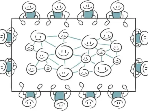 Des bonshommes souriants forment un réseau, symbolisant la collaboration et le maintien en emploi au sein d'une équipe.
