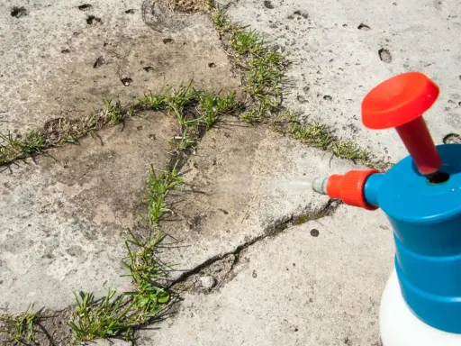 Ein Sprühgerät mit Essig als Unkrautvernichter wird auf Unkraut in Betonritzen gerichtet.