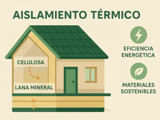 Casa **passive house** con aislamiento de celulosa y lana mineral, promoviendo eficiencia energética y materiales sostenibles.