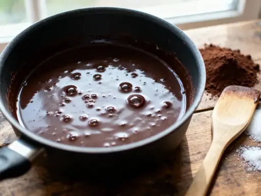 Une casserole de chocolat fondant, avec du cacao en poudre et du sucre à côté, prêt à faire fondre du chocolat pour un dessert gourmand.