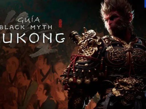 Guía Black Myth Wukong: el Rey Mono con armadura dorada y detalles rojos, listo para la aventura.