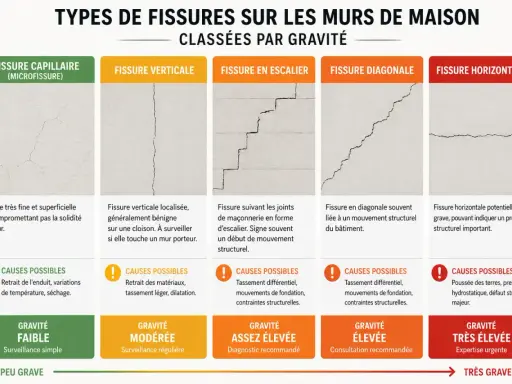 Guide des fissures maison : capillaires, verticales, en escalier, diagonales, horizontales. Chaque type de fissures est classé par gravité, de faible à très élevée.