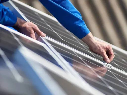 Händer i blå arbetskläder monterar solpaneler från Longi Solar på ett tak.