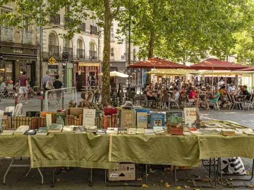 Ein Buchstand mit alten Büchern auf einem sonnigen Platz in Rennes, Frankreich. Im Hintergrund sitzen Menschen in einem Straßencafé.