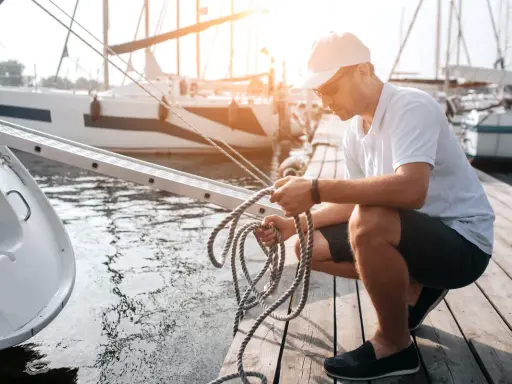 Un homme prépare une corde sur un ponton, près d'un bateau. Il manipule le cordage, peut-être pour un système de poulie.