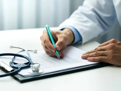 Lekarz pisze receptę, analizując wyniki badań, które mogą wskazywać na wysoki poziom estrogenu. Obok leży stetoskop.