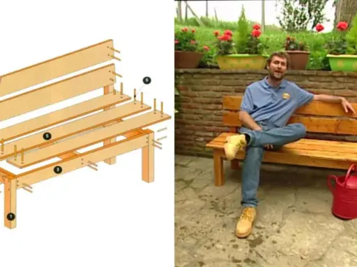 Diagrama de cómo hacer un banco de madera sencillo. Un hombre se sienta en un banco de madera terminado junto a una regadera roja.