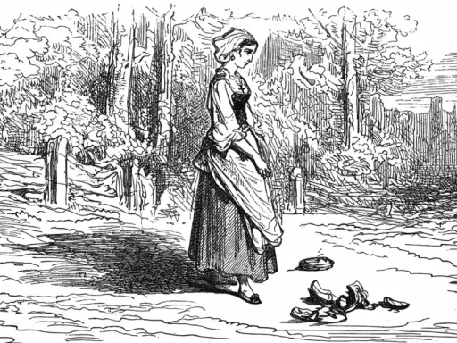Une jeune femme en robe longue et coiffe, pieds nus, laisse tomber ses chaussures. Un gros jean comme devant, dans un paysage bucolique avec des tours à l'horizon.