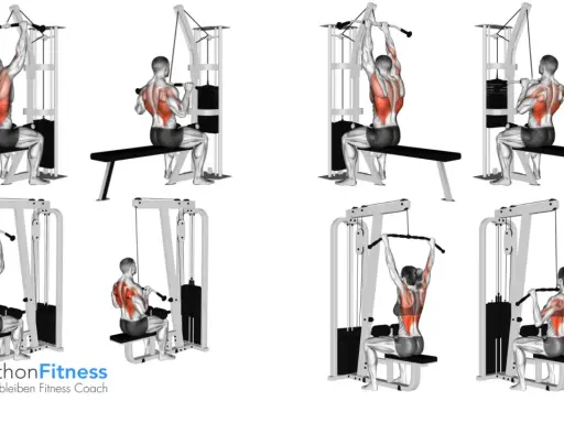 Mann und Frau trainieren Rückenmuskeln am Latzugturm im Gym. Ein effektiver pull workout für den Latissimus.