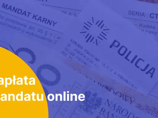 Zbliżenie na dokument mandatu karnego z napisem "POLICJA" i żółty okrąg z tekstem "Zapłata mandatu online".