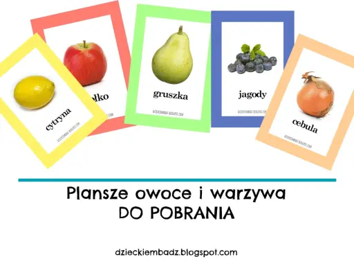 Kolorowe plansze z owocami i warzywami do druku: cytryna, jabłko, gruszka, jagody, cebula. Idealne do nauki dla dzieci.