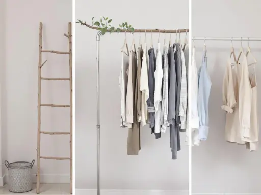 Idées de portant vêtement DIY : échelle en bois, portant en métal avec branche et portant minimaliste en tube.