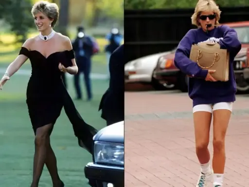 Princess Diana fashion: A split image shows her in a black off-the-shoulder dress and later in athletic wear.