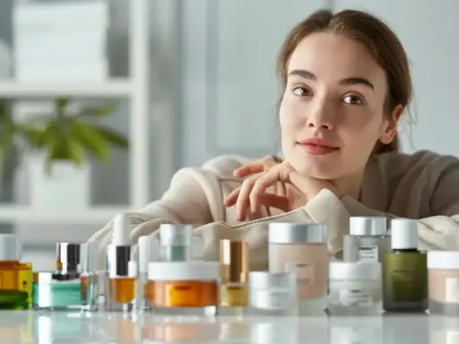 Kobieta z uśmiechem opiera się o stół z kosmetykami. Wśród nich kremy i serum, które dzięki zawartości ceramidów dbają o zdrową skórę.