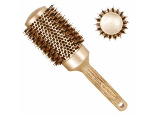 Eine goldene, runde Haarbürste mit Ceramic-Ionic-Technologie und dem Schriftzug "SUPRENT".