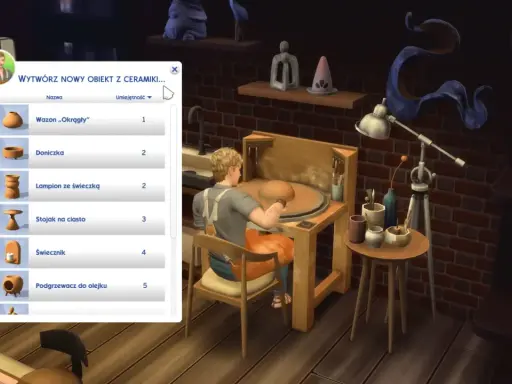 Symulator tworzy wazon na kole garncarskim. Menu pokazuje, jak obracać przedmioty w The Sims 4, tworząc ceramikę.