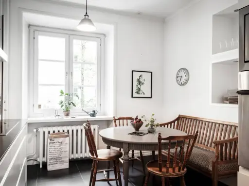 Mysig köksvrå med runt matbord, träbänk och stolar. Perfekt för runt matbord inspiration.