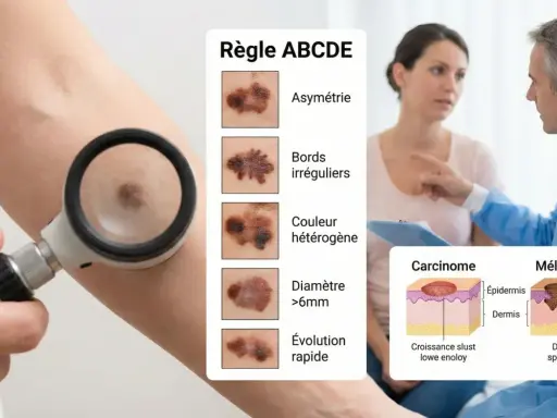 Examen d'un grain de beauté suspect pour détecter un cancer de la peau. La règle ABCDE aide à identifier les signes d'alerte.