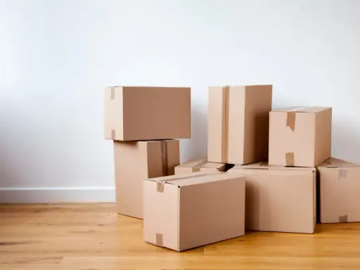Stapel von braunen Kartons auf einem Holzboden, bereit für den Umzug oder zur Aufbewahrung.