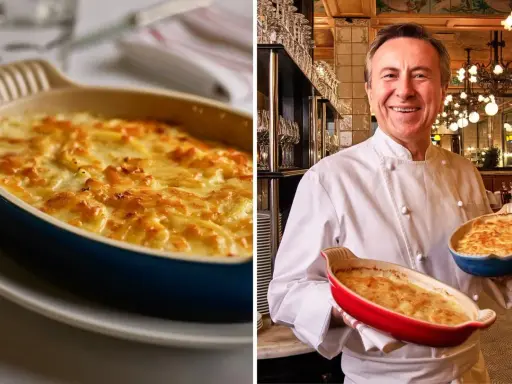 Chef sorridente con due sformati di patate dorati, uno in una teglia rossa e uno in una blu, pronti per essere gustati.