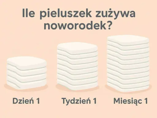 Trzy stosy pieluch: Dzień 1, Tydzień 1, Miesiąc 1.