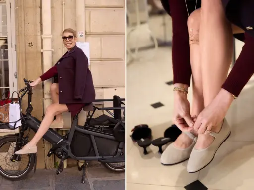 Mathilde Favier, stylish in a burgundy outfit, rides an electric bike. She's also seen tying her ballet flats, ready for a day out.