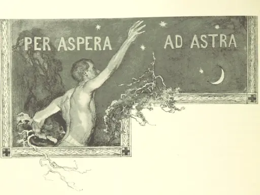 Un uomo nudo tende la mano verso le stelle, con la scritta "Per aspera ad astra" che significa "attraverso le difficoltà fino alle stelle".