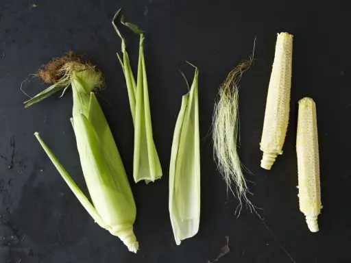 Corn husks, silk, and cobs are arranged on a dark surface. This visual might inspire thoughts on how far apart to plant corn for optimal growth.