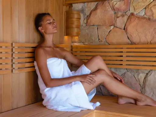 Kobieta w saunie, relaksująca się w ciszy. Zastanawiasz się, ile kcal spala sauna? To świetny sposób na odprężenie i wsparcie metabolizmu.
