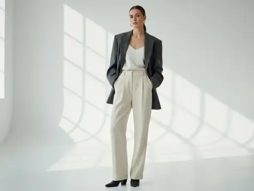 Modello indossa un tailleur beige con blazer grigio scuro. Un look elegante per ogni occasione.