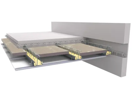Coupe d'un hourdis maison montrant la structure métallique, l'isolant et le béton.
