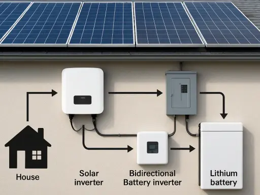 Solceller laddar litiumbatteri via en växelriktare. Systemet ger grön energi till huset.